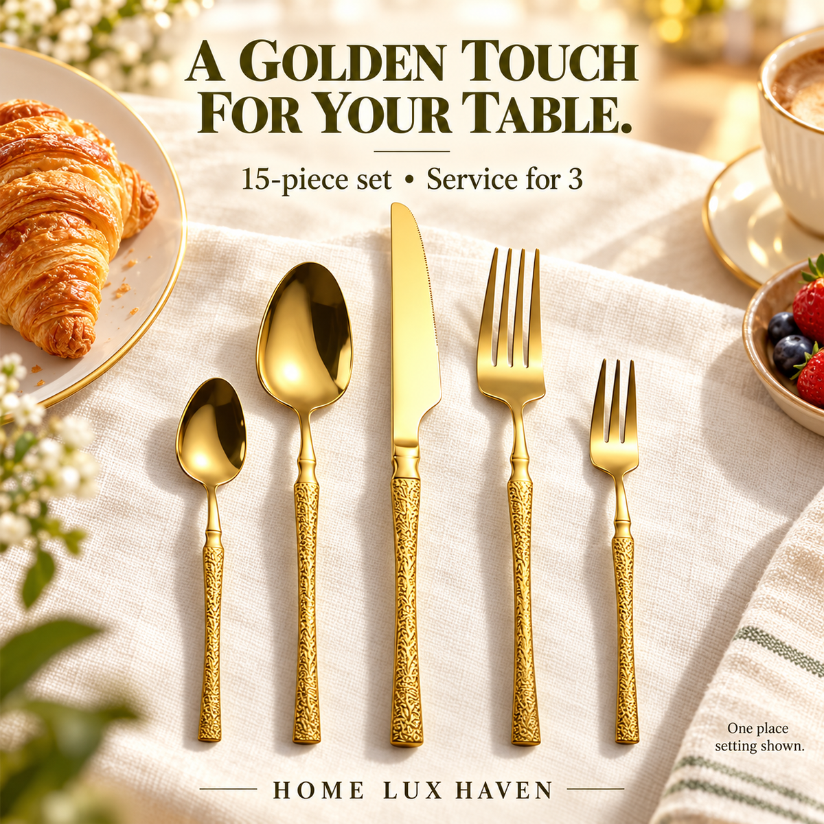 15-Piece Gold Hammered-Handle Flatware Set - lifestyle image 01