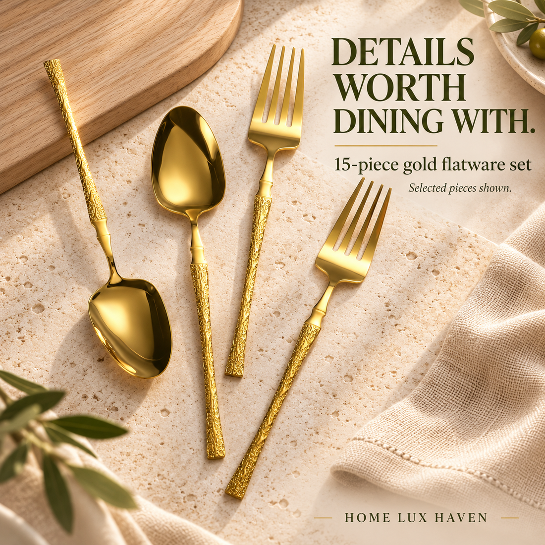 15-Piece Gold Hammered-Handle Flatware Set - lifestyle image 01