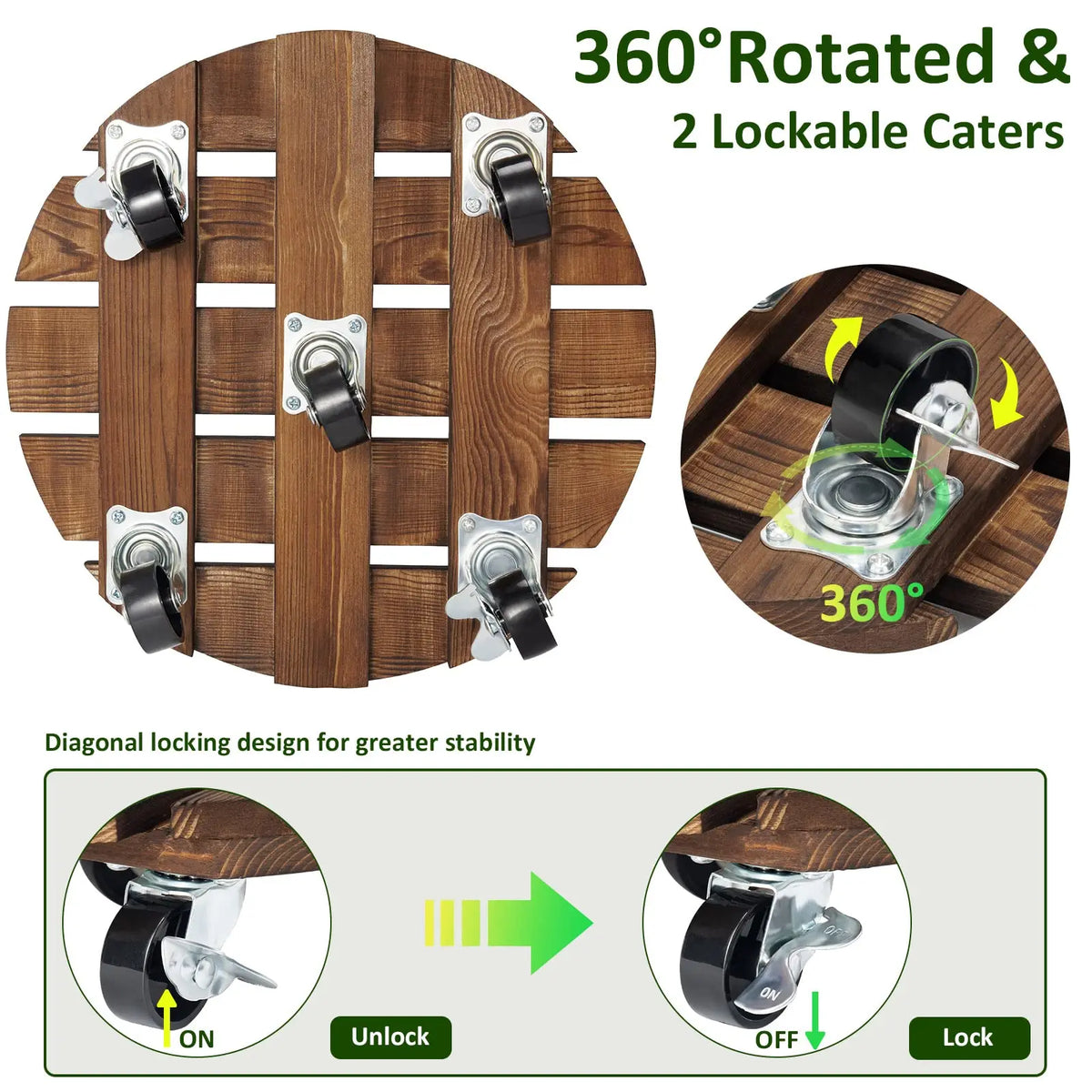 Rolling Wood Plant Caddy with Locking Wheels (2-Pack, 12")