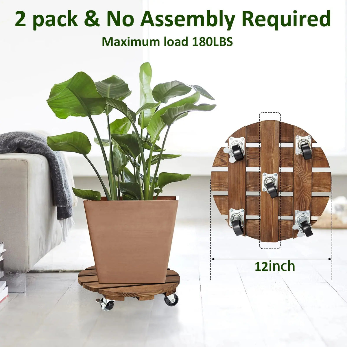 Rolling Wood Plant Caddy with Locking Wheels (2-Pack, 12")