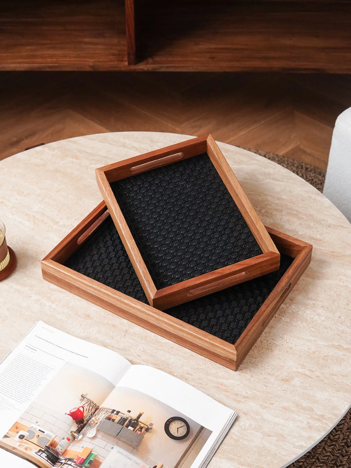 Walnut-Finish Wood Vanity Tray with Woven Rattan-Look Base