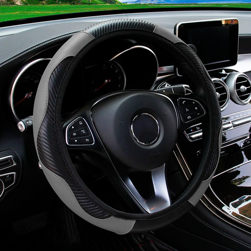 Carbon Fiber Texture Leather Steering Wheel Cover - Universal 15"