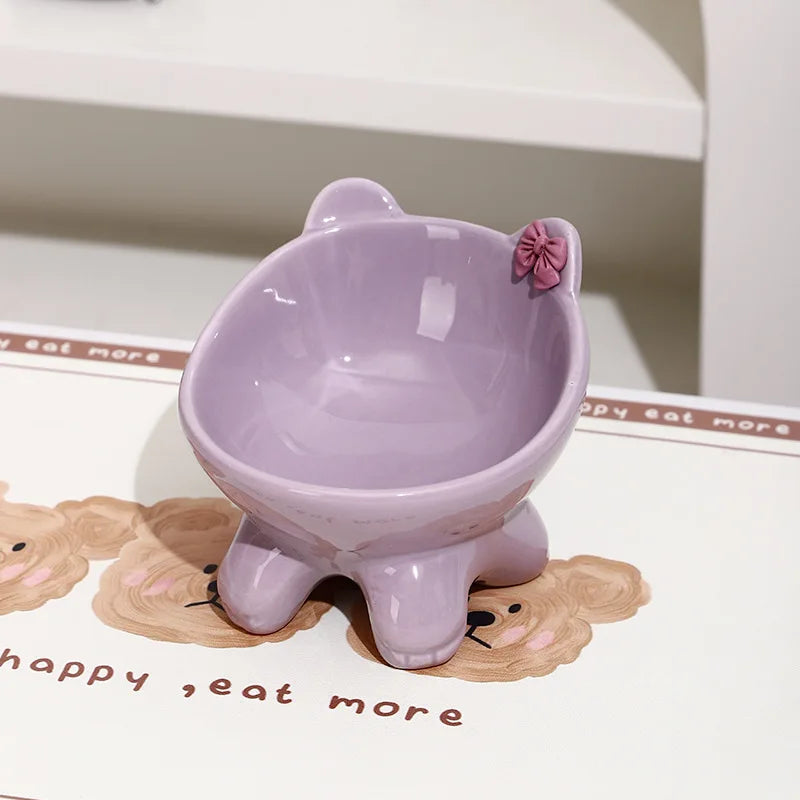 Tilted Ceramic Cat Bowl with Bow - Elevated Feeding Dish