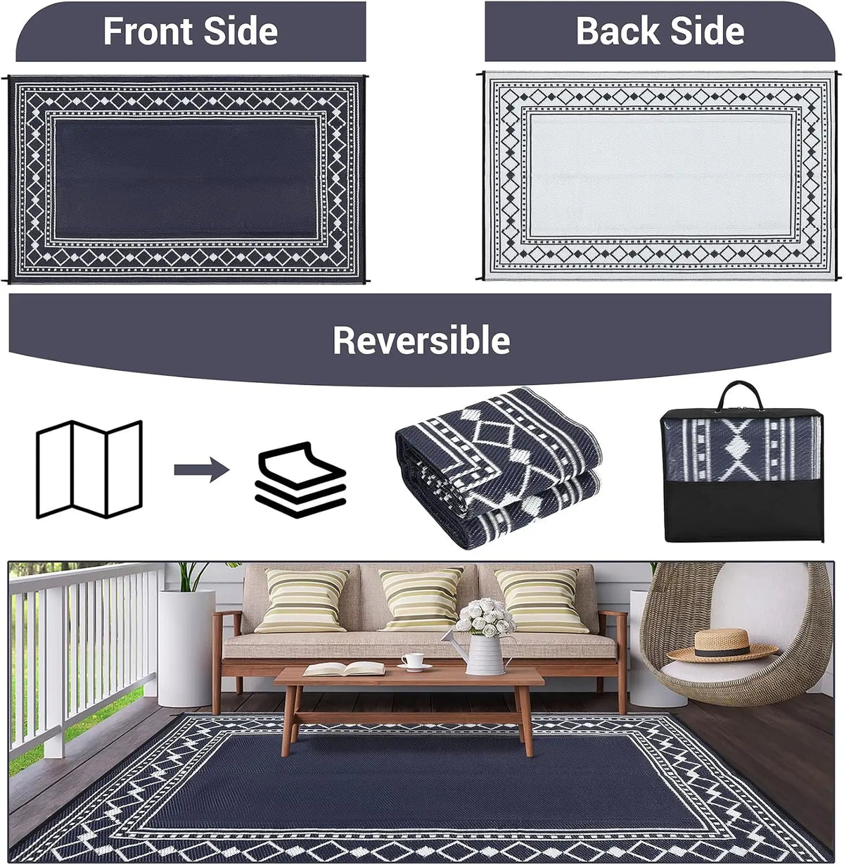 Reversible Outdoor Patio Rug 8' x 10' – Waterproof Plastic Straw Mat, Black & White