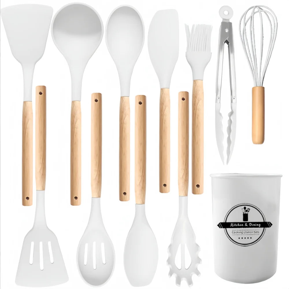 12-Piece Silicone Cooking Utensil Set with Wooden Handles & Holder