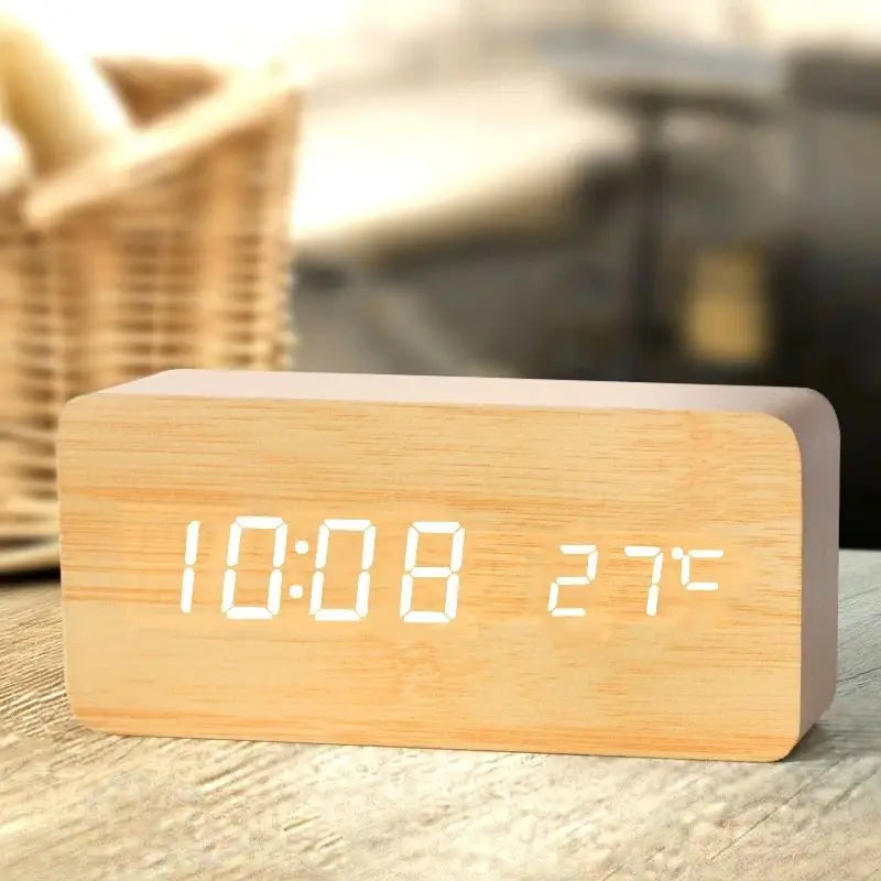 Wood-Look LED Digital Alarm Clock with Temperature Display - Bamboo