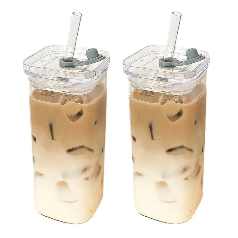 Square Glass Iced Coffee Cup with Lid & Straw