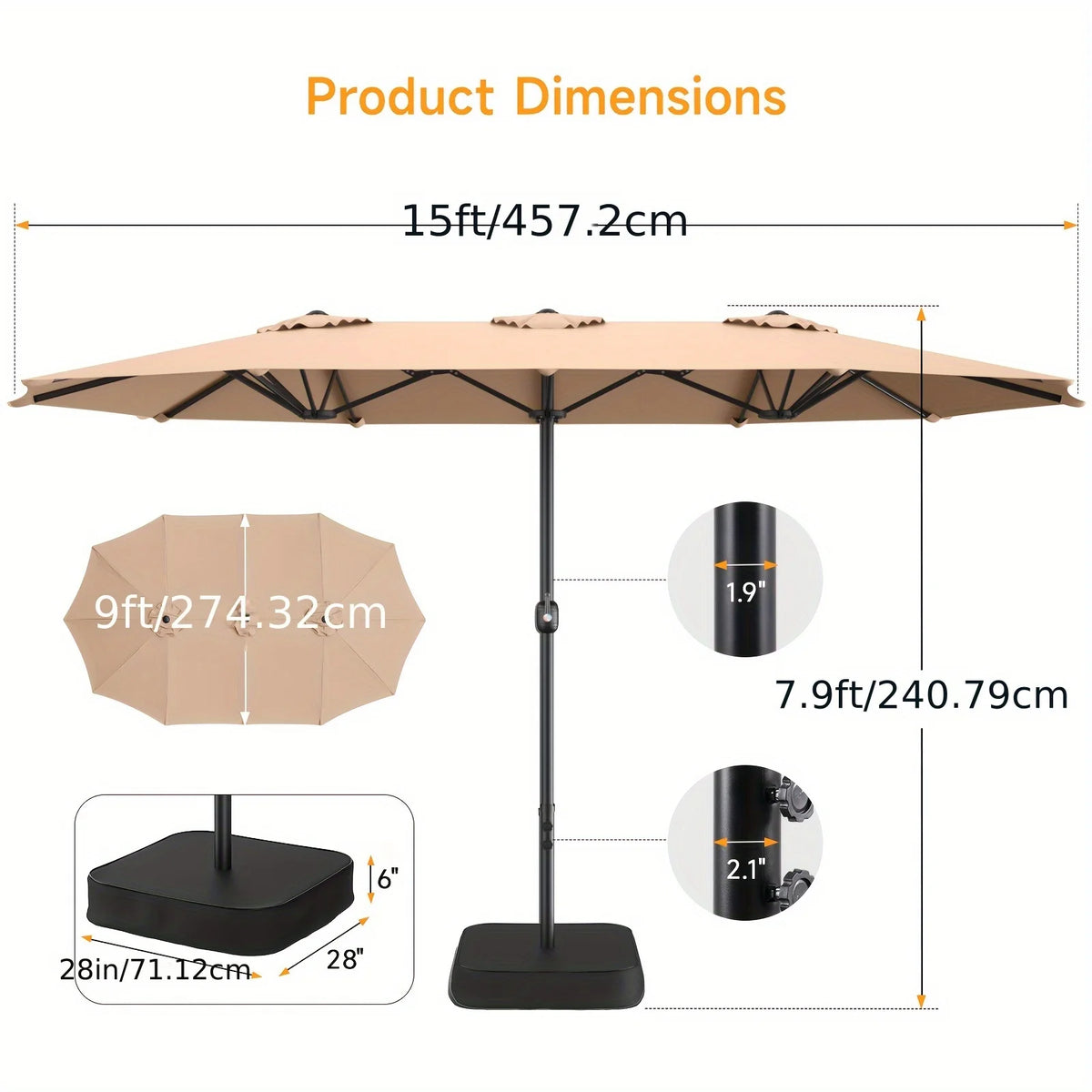 15 ft Double-Sided Rectangle Patio Umbrella with Base – Beige