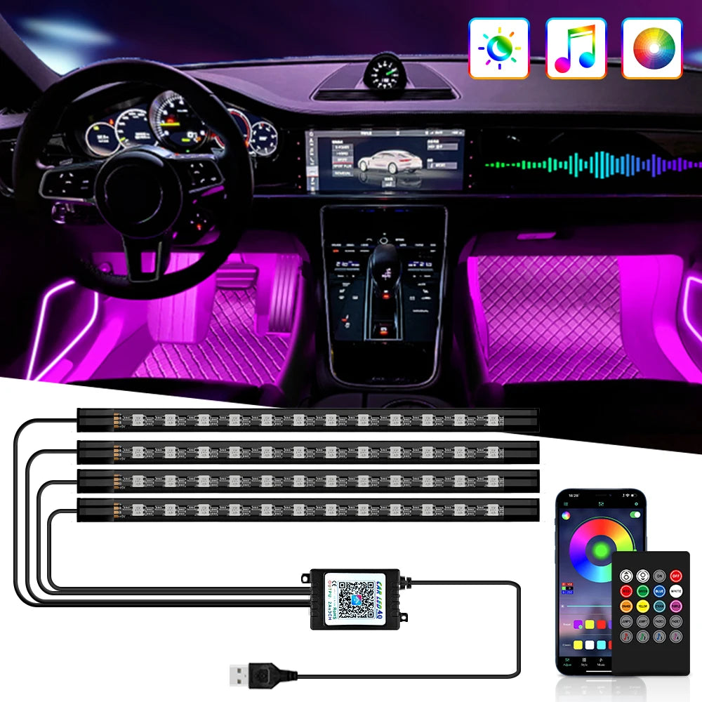 RGB Footwell Ambient Light Kit, 4 Strips with App & Remote (USB or 12V)