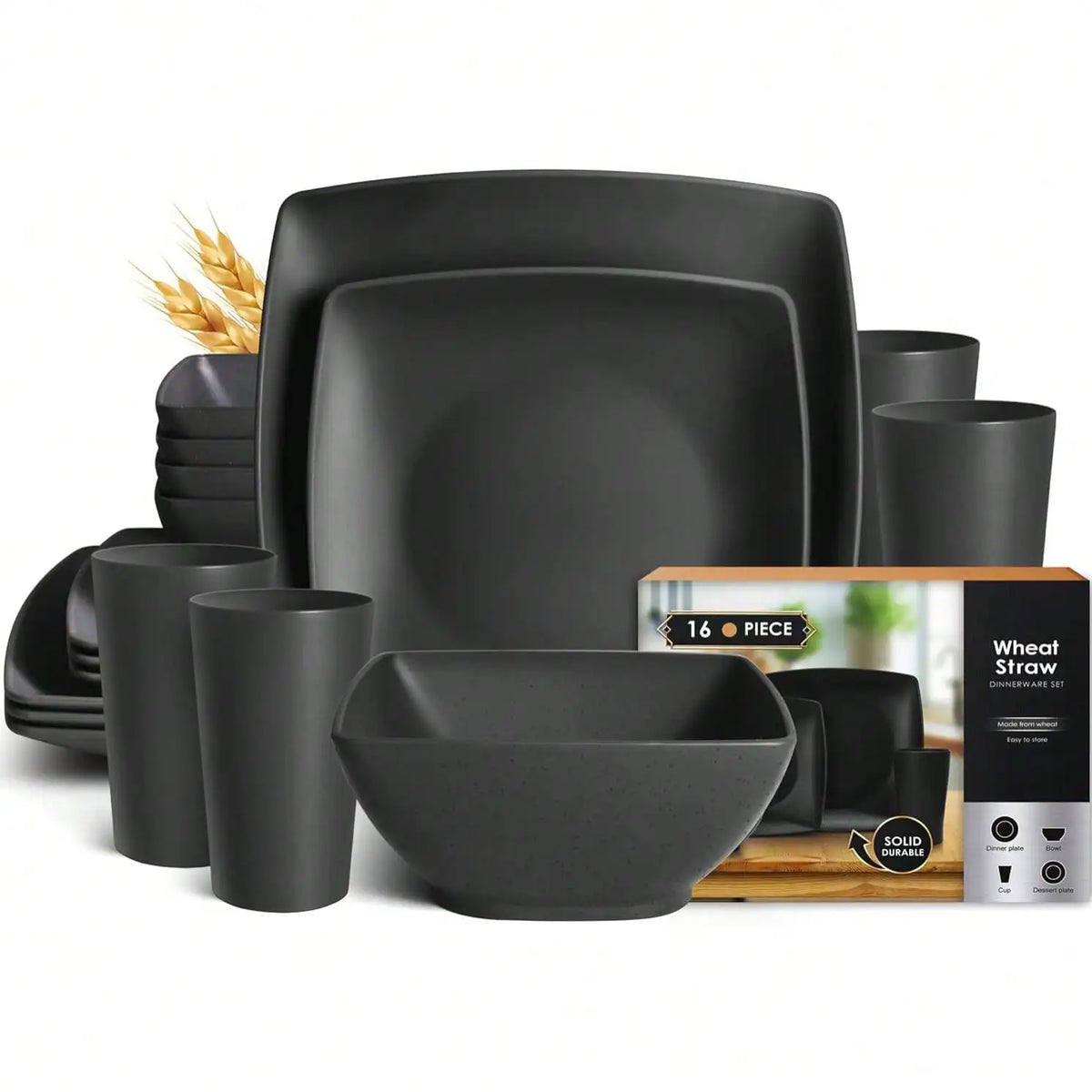 16-Piece Square Wheat Straw Dinnerware Set for 4, Matte Black