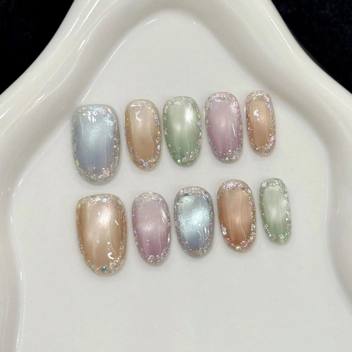 Handmade Cat-Eye Press-On Nails, 10 pcs (Short Almond, Sized XS-L)