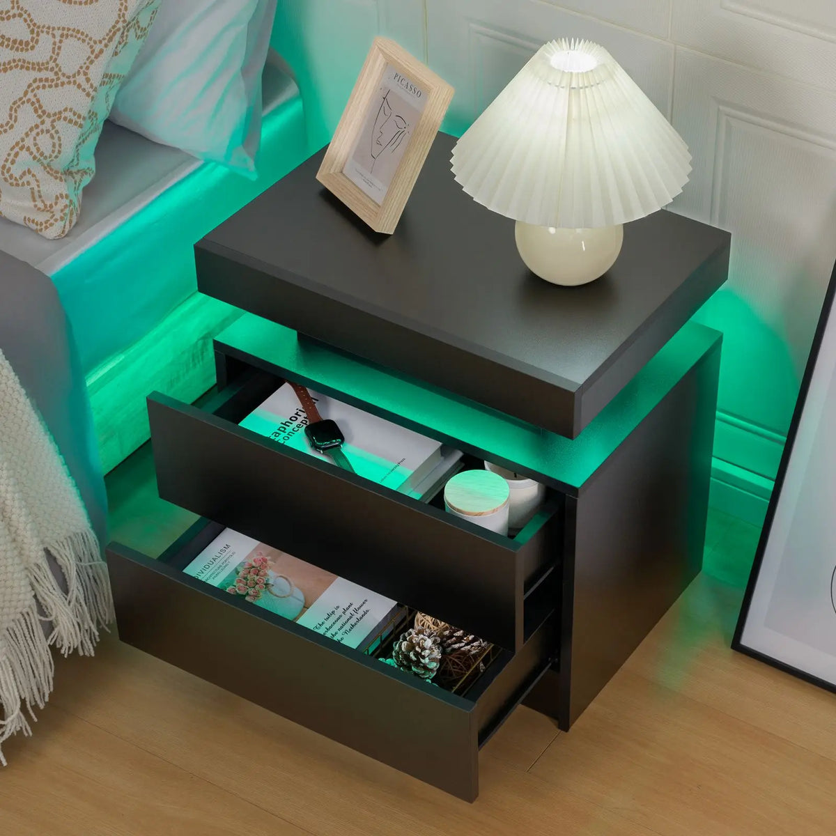 Modern LED Nightstand with 2 Drawers – RGB Bedside Table