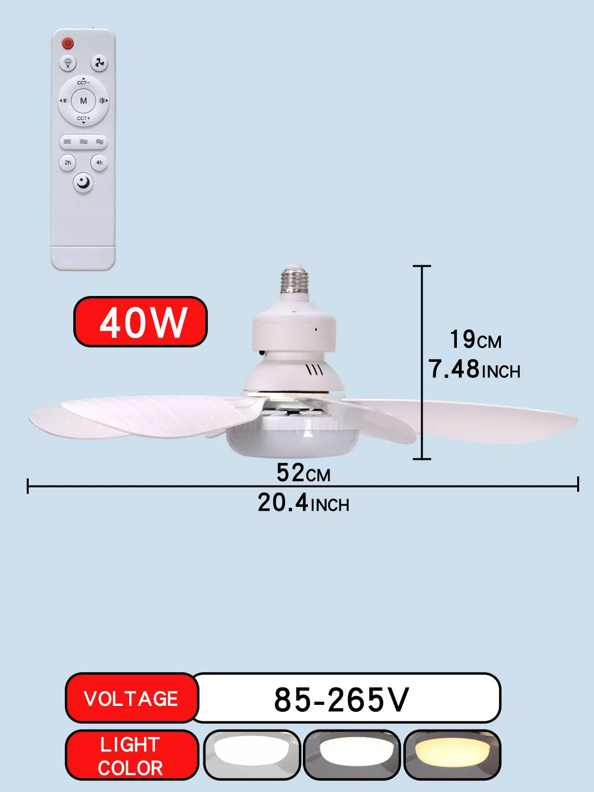 Socket Ceiling Fan with LED Light & Remote – Screws Into a Standard Bulb Socket