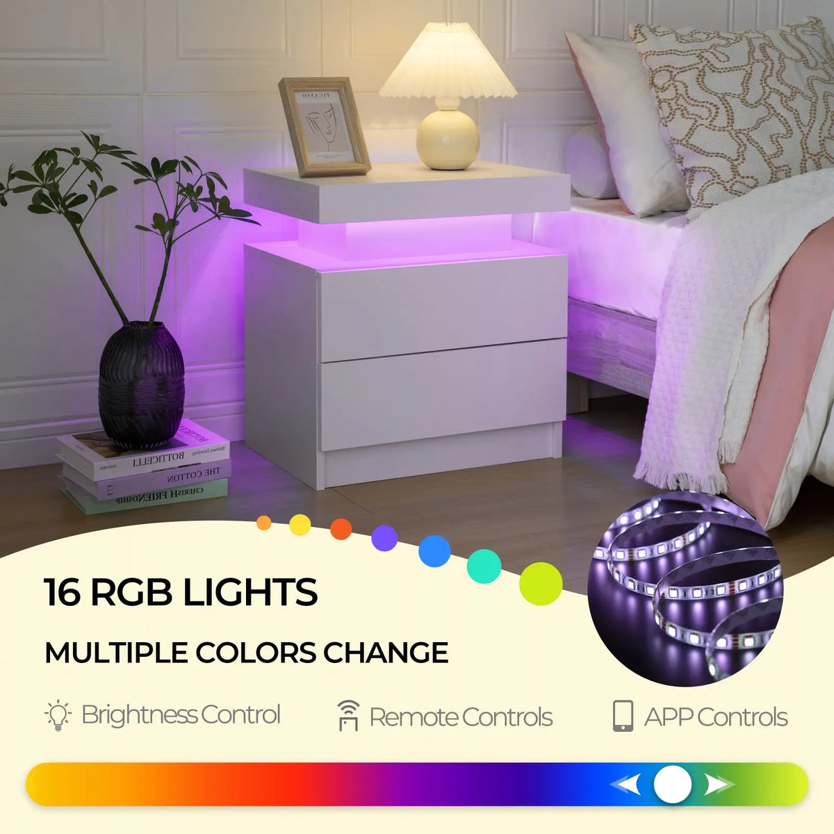 Modern LED Nightstand with 2 Drawers – RGB Bedside Table