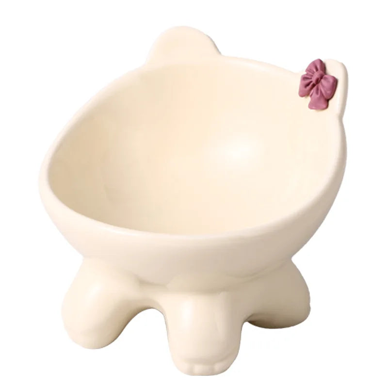 Tilted Ceramic Cat Bowl with Bow - Elevated Feeding Dish