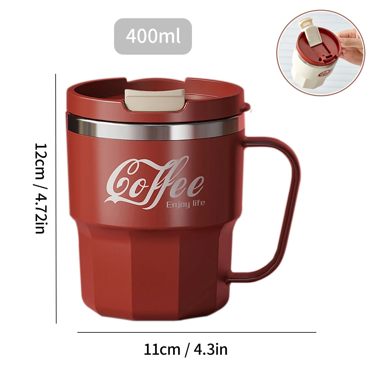 Insulated Stainless Steel Coffee Mug with Lid & Handle (13.5oz)