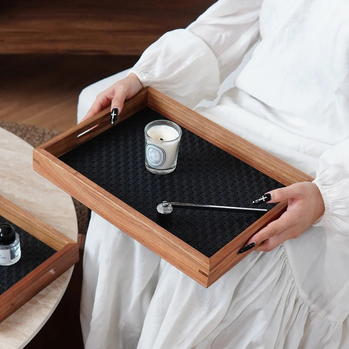 Walnut-Finish Wood Vanity Tray with Woven Rattan-Look Base