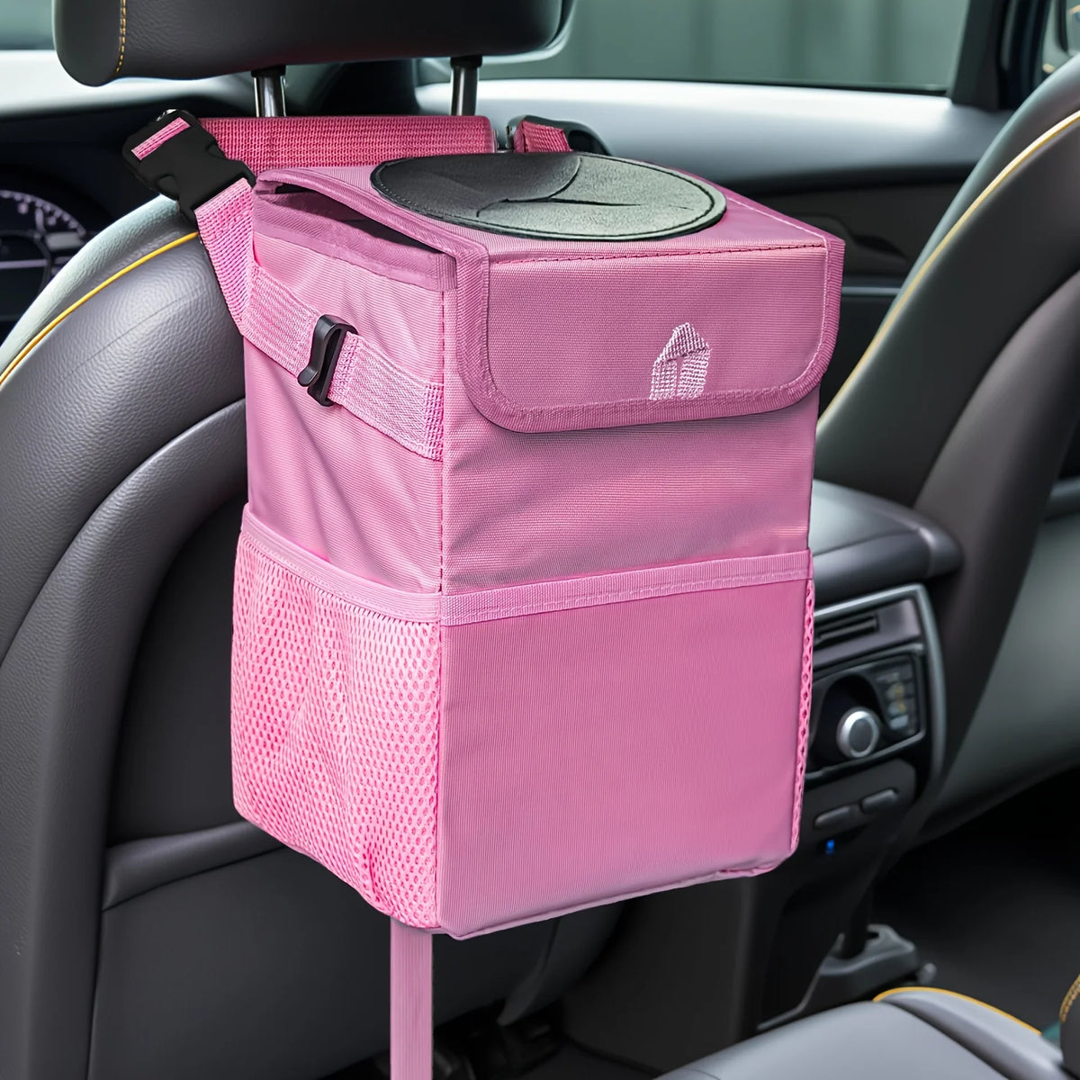 Leakproof Car Trash Can with Lid & Storage Pockets