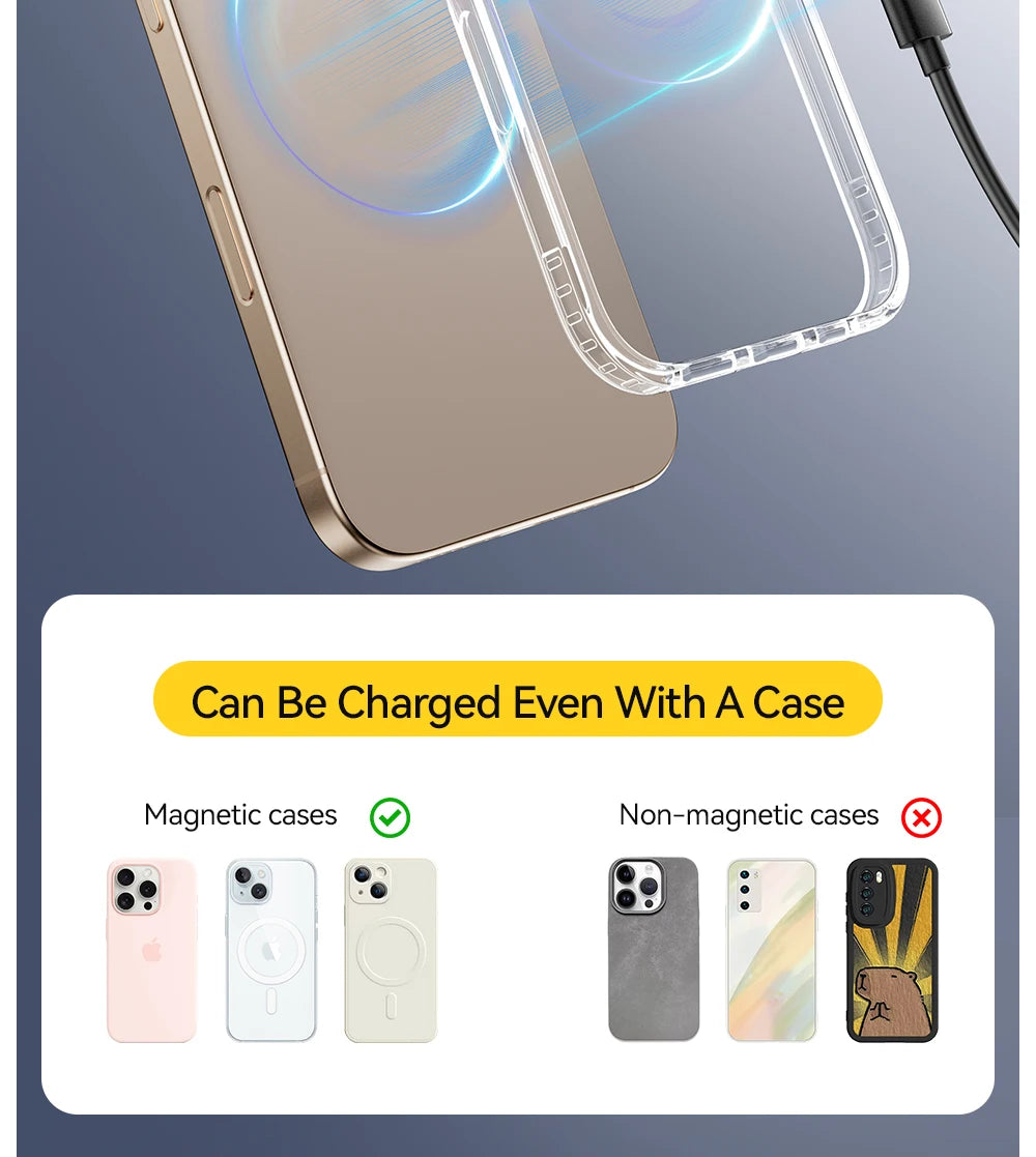 Comparison of magnetic and non-magnetic phone cases for use with the charger.