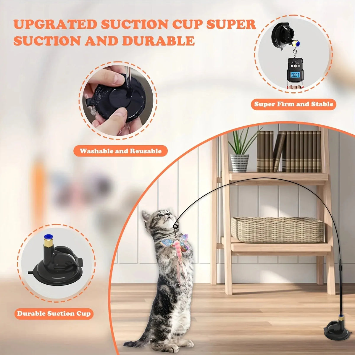 Suction Cup Cat Teaser Wand with Feather & Bell