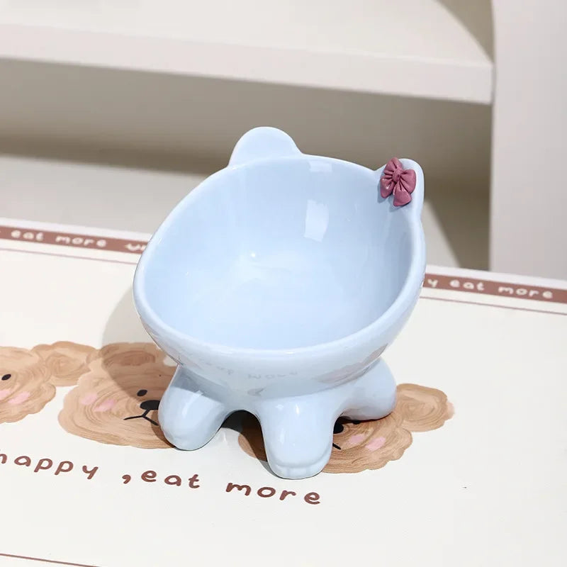 Tilted Ceramic Cat Bowl with Bow - Elevated Feeding Dish