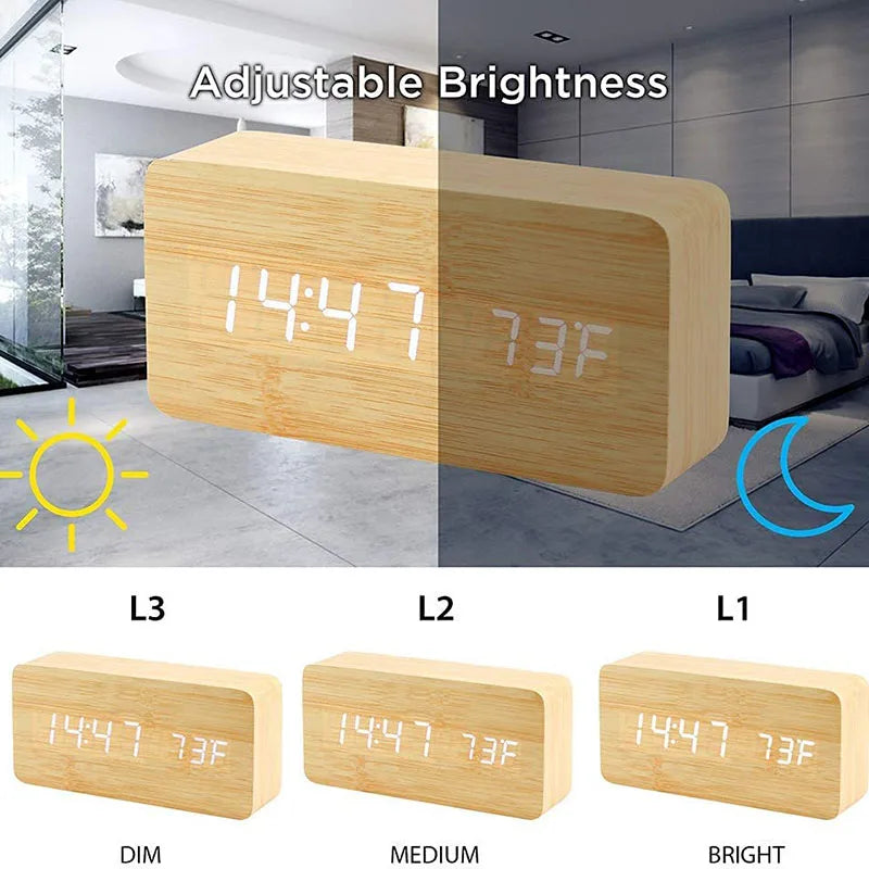 Wood-Look LED Digital Alarm Clock with Temperature Display - Bamboo