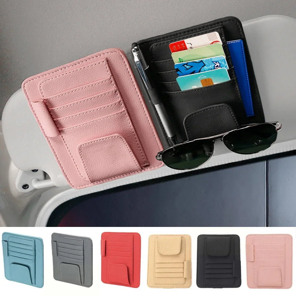 Leather Sun Visor Organizer - Card, Pen & Sunglasses Holder