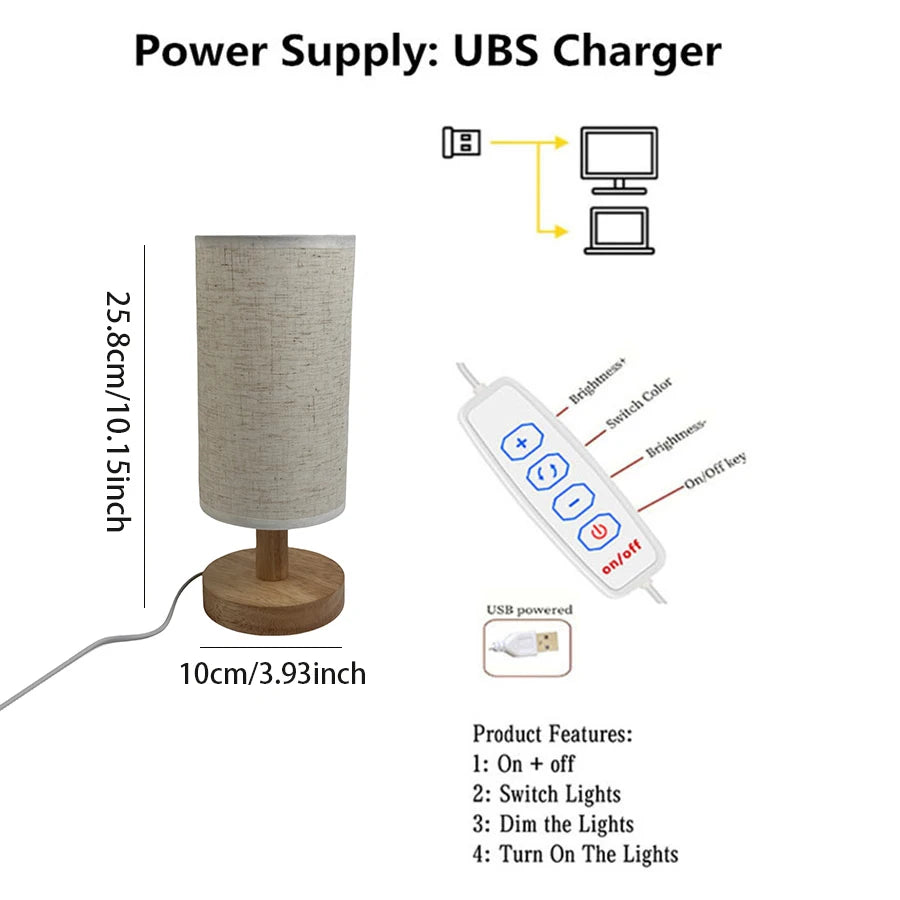 Linen Shade Wooden Bedside Lamp – USB Powered, Dimmable