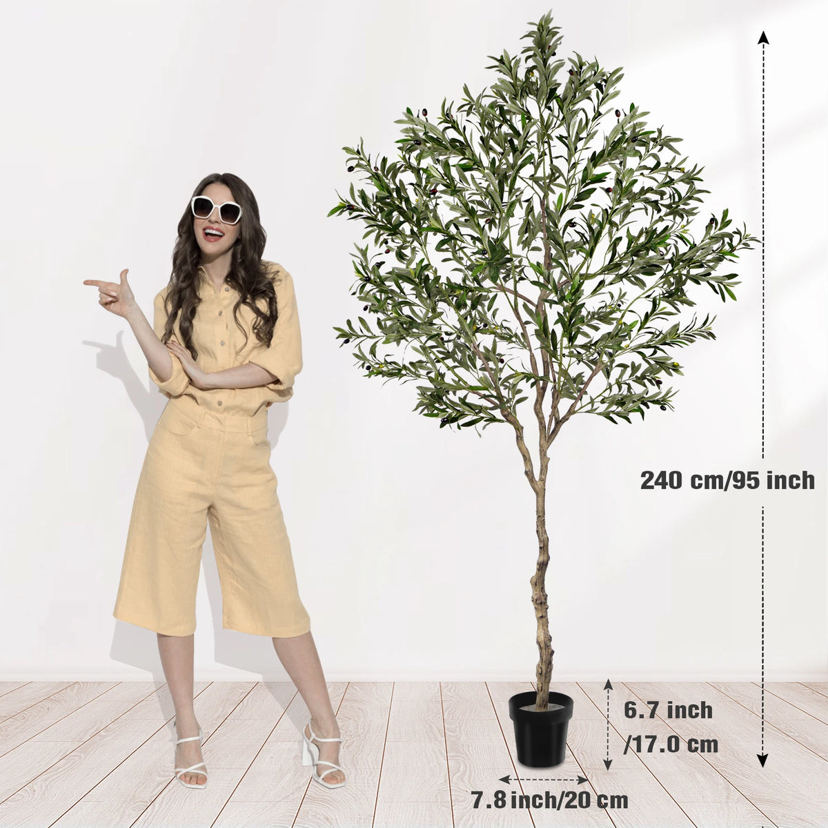 Artificial Olive Tree in Black Pot – Faux Indoor Olive Plant with Natural Wood Trunk, 5–8 ft