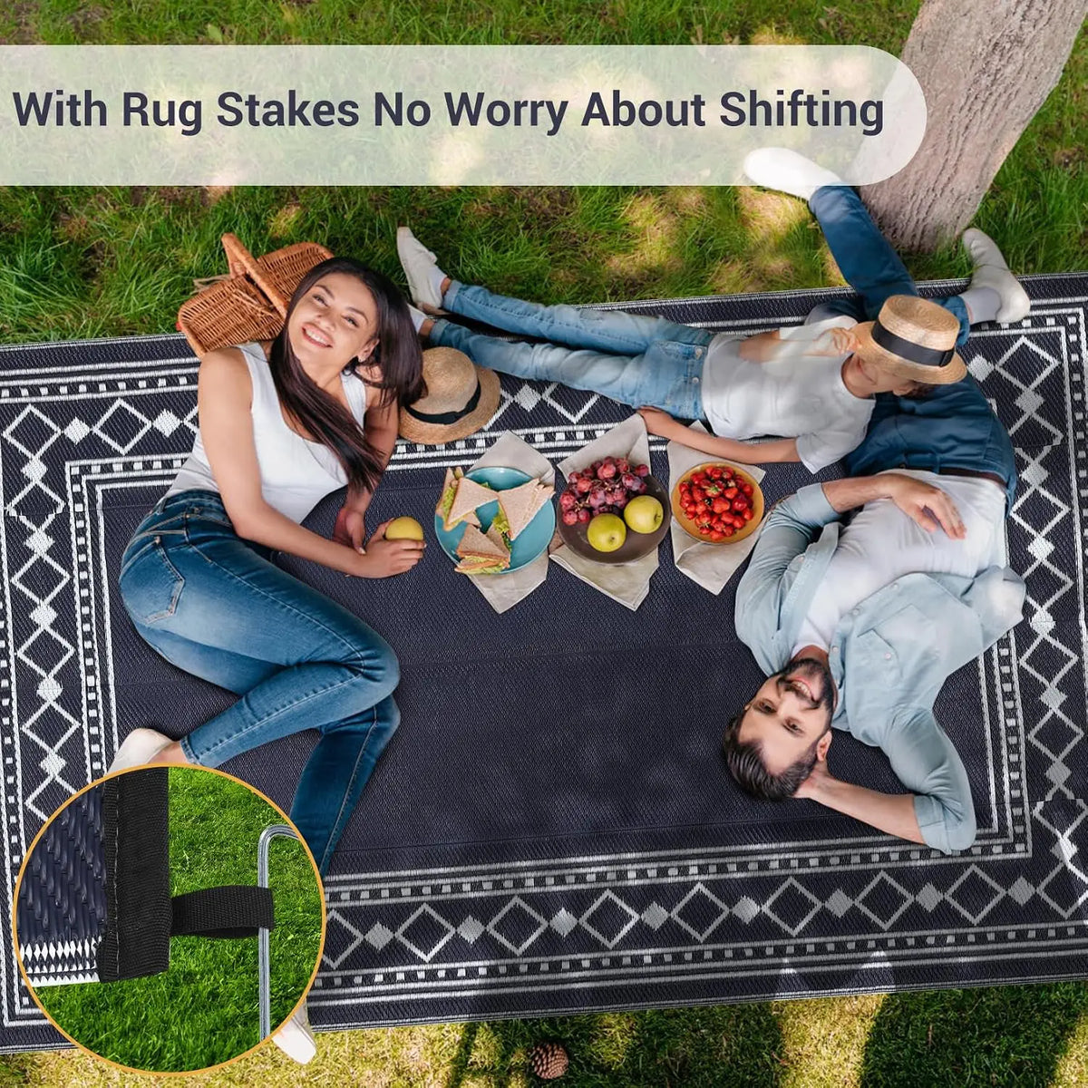 Reversible Outdoor Patio Rug 8' x 10' – Waterproof Plastic Straw Mat, Black & White