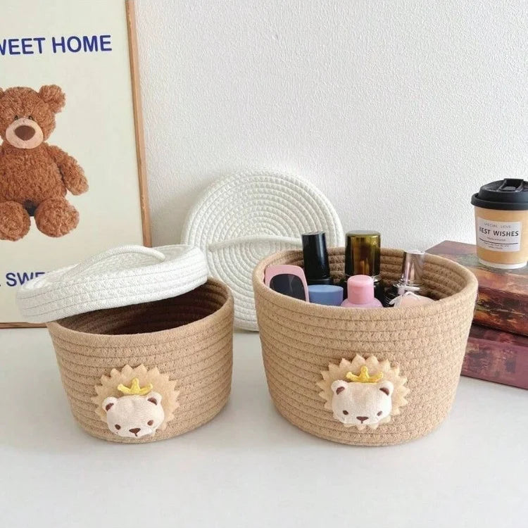 Lidded Cotton Rope Storage Basket with Lion Accent