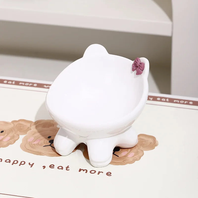Tilted Ceramic Cat Bowl with Bow - Elevated Feeding Dish