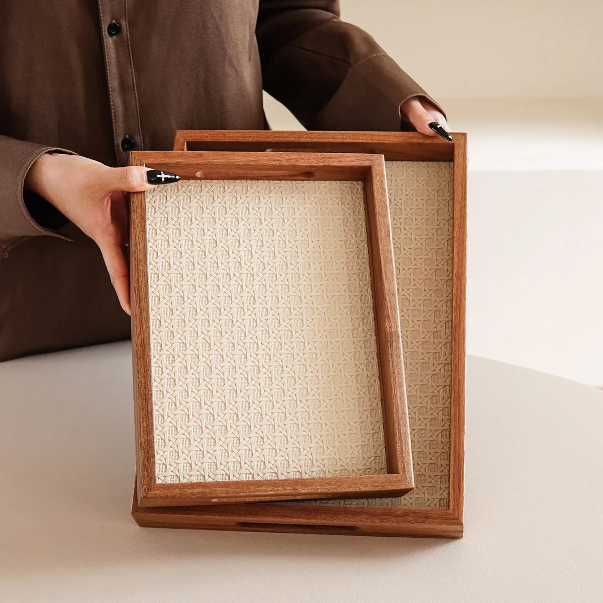 Walnut-Finish Wood Vanity Tray with Woven Rattan-Look Base