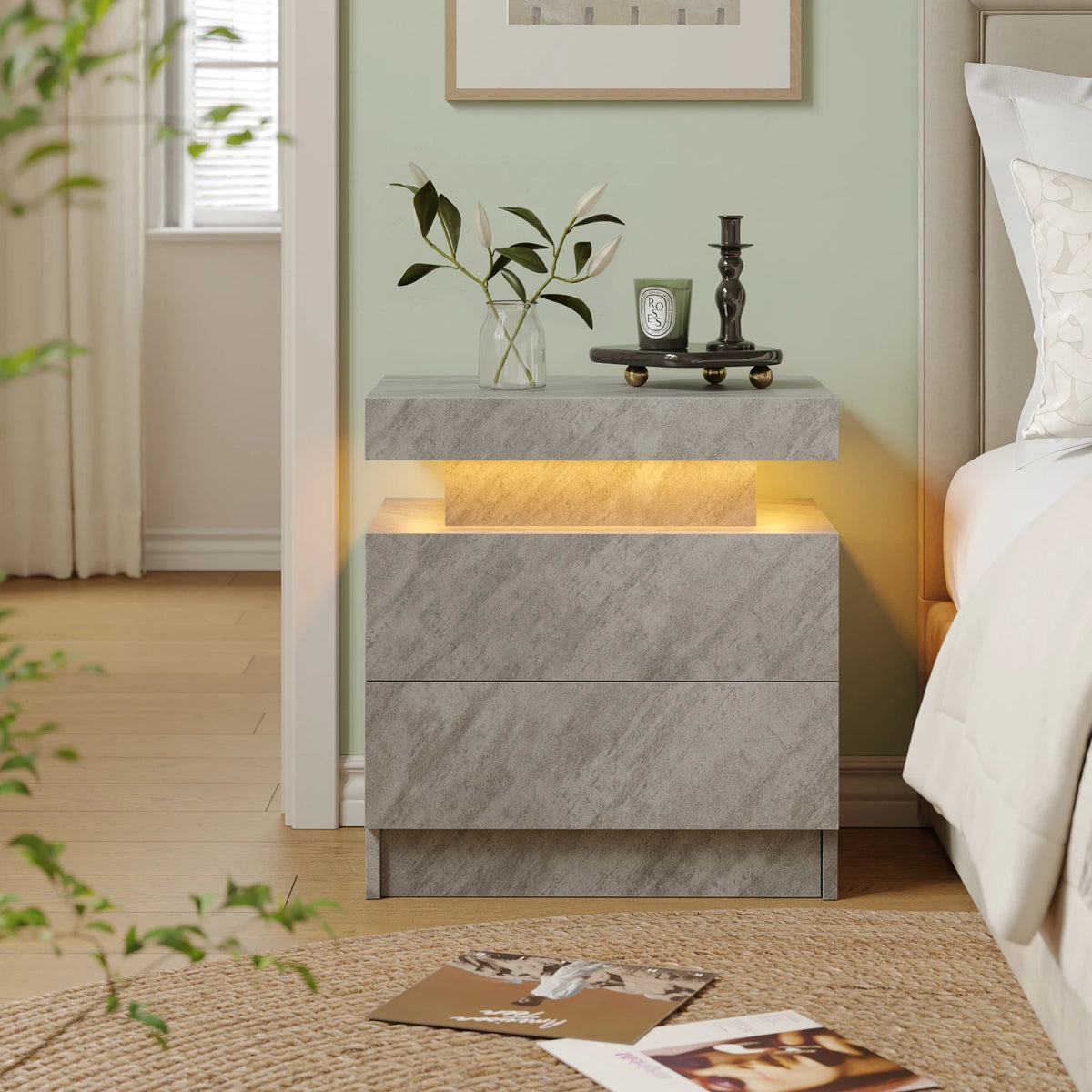 Modern LED Nightstand with 2 Drawers – RGB Bedside Table