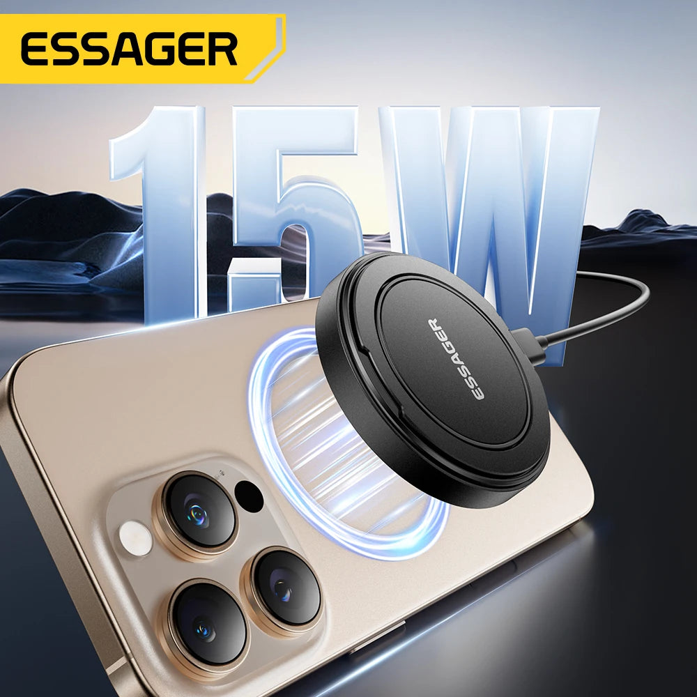 Black ESSAGER magnetic wireless charger pictured on a phone beside a supplier 15W graphic.