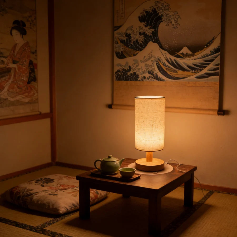 Linen Shade Wooden Bedside Lamp – USB Powered, Dimmable