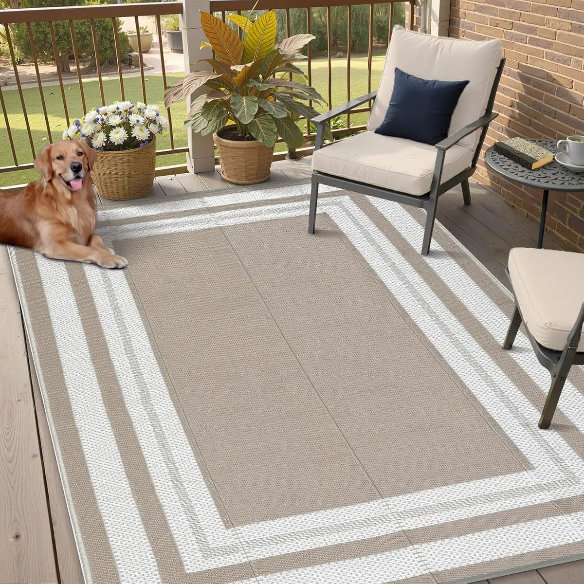 Large Reversible Outdoor Rug 9' x 12' – Waterproof Plastic Straw Patio & RV Mat, Light Coffee