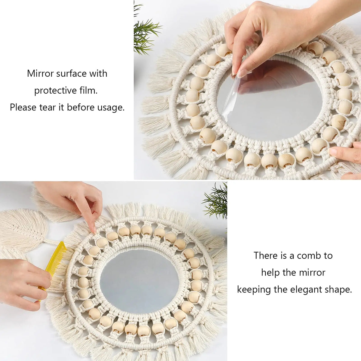 Boho Macrame Fringe Round Wall Mirror