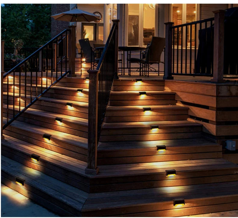 Solar step lights on outdoor stairs