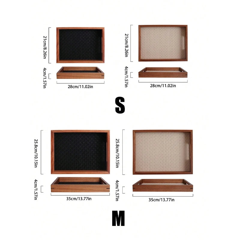 Walnut-Finish Wood Vanity Tray with Woven Rattan-Look Base
