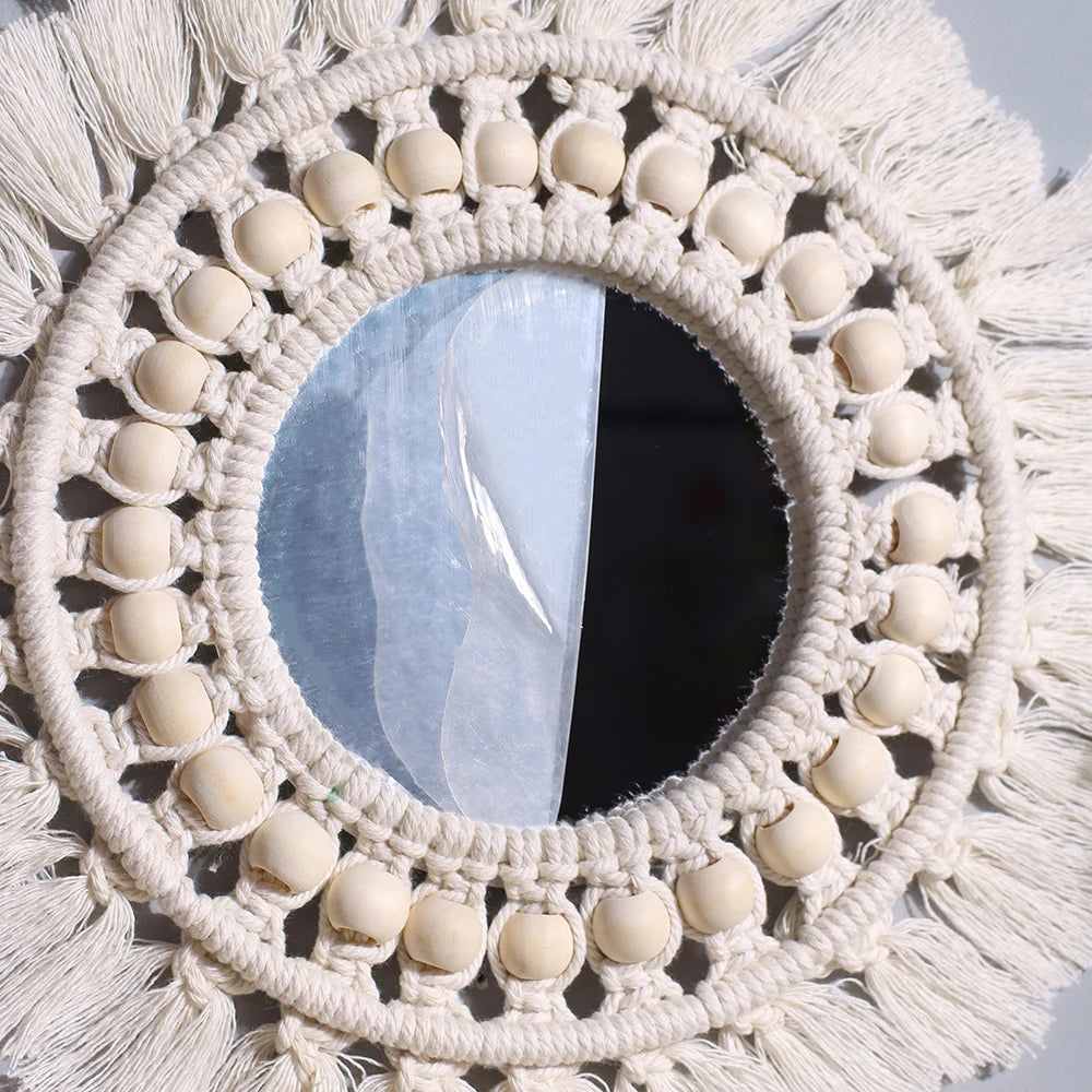 Boho Macrame Fringe Round Wall Mirror