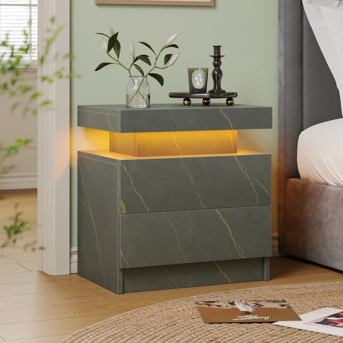 Modern LED Nightstand with 2 Drawers – RGB Bedside Table