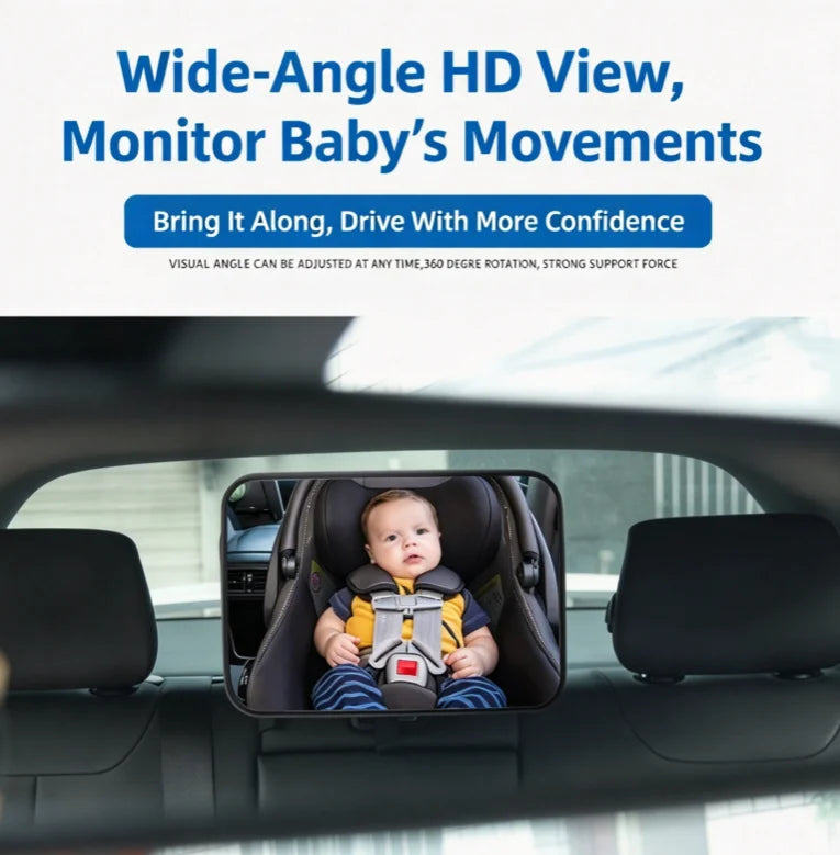 Shatterproof Back Seat Baby Mirror - Wide View, Headrest Strap
