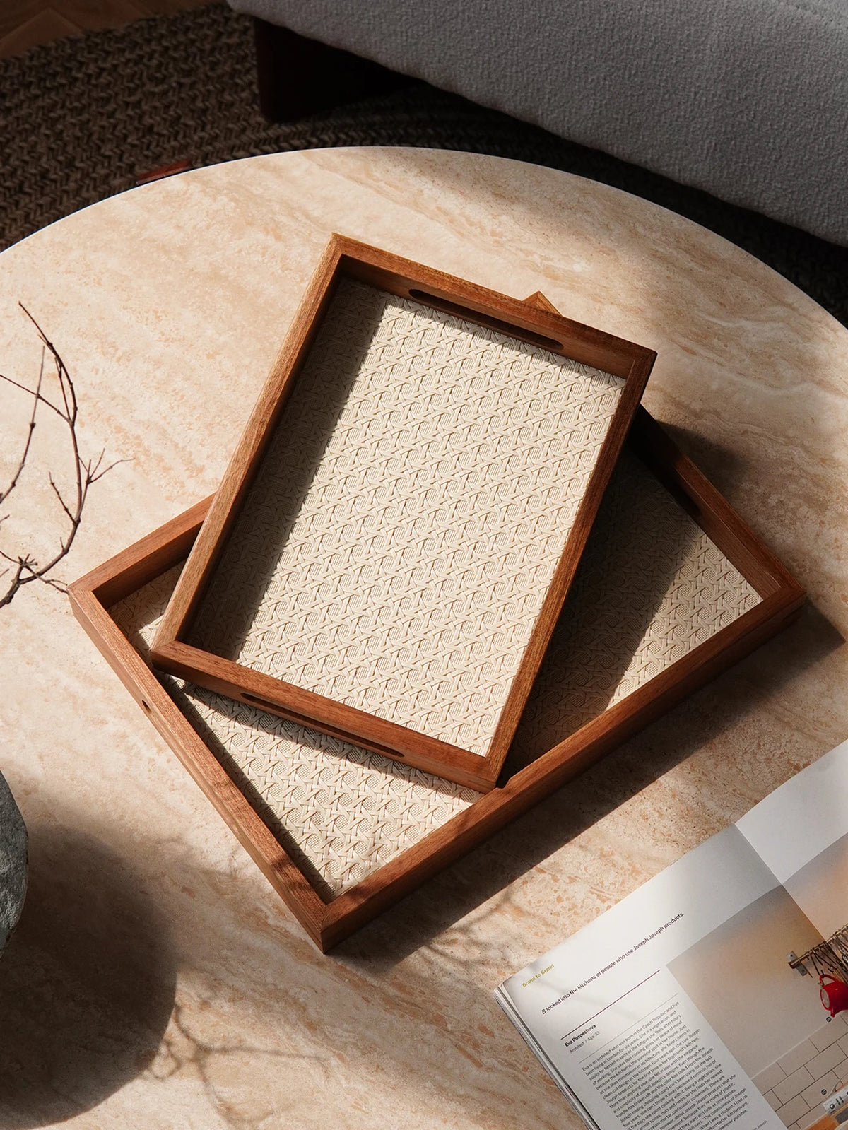 Walnut-Finish Wood Vanity Tray with Woven Rattan-Look Base