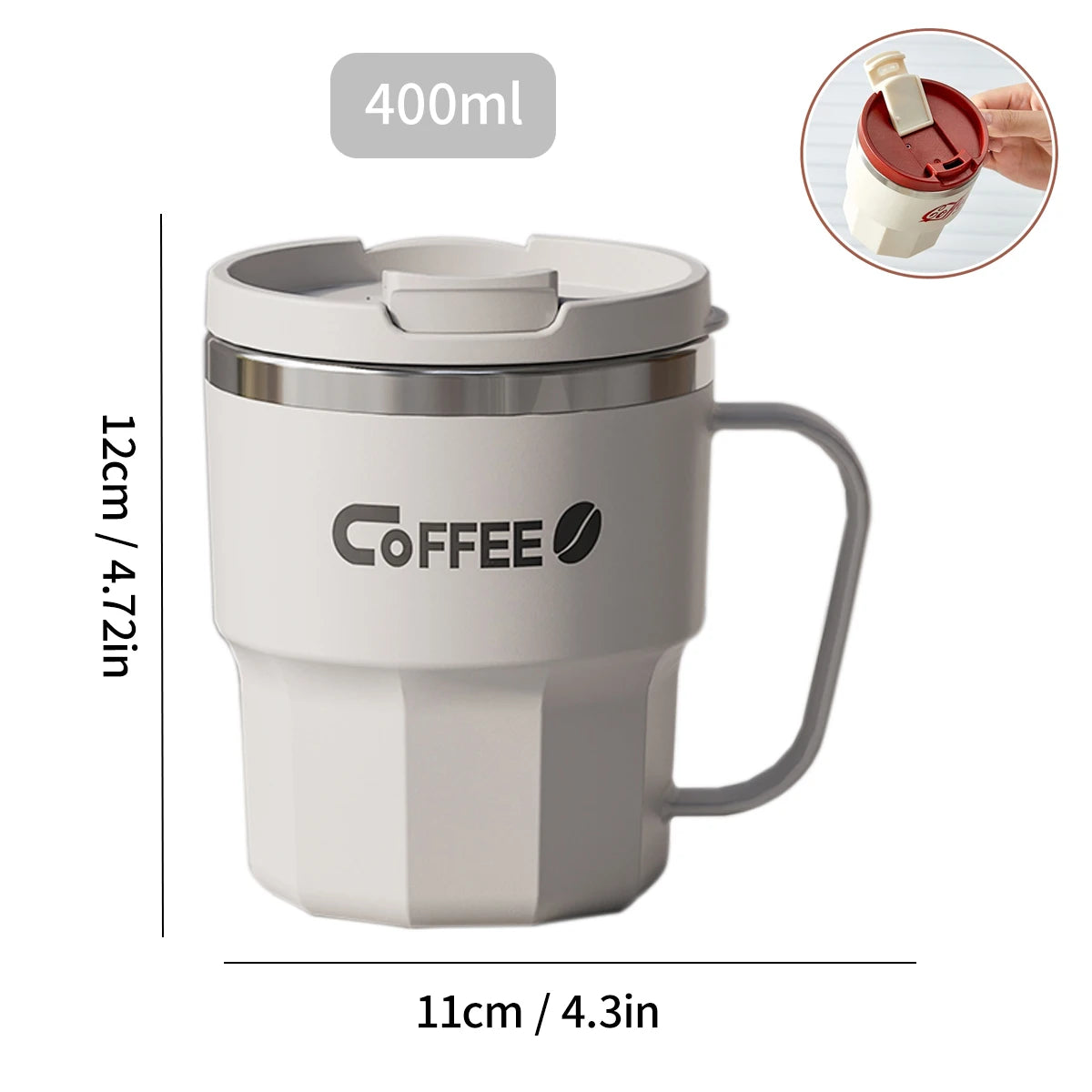 Insulated Stainless Steel Coffee Mug with Lid & Handle (13.5oz)