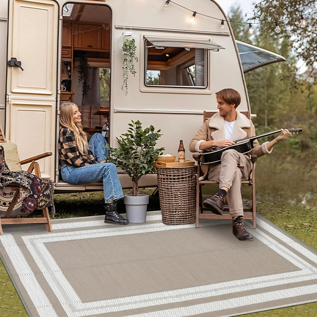 Large Reversible Outdoor Rug 9' x 12' – Waterproof Plastic Straw Patio & RV Mat, Light Coffee