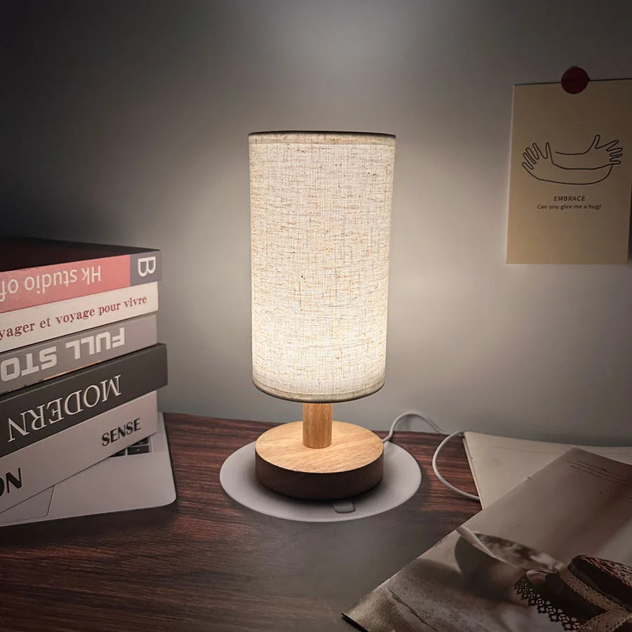 Linen Shade Wooden Bedside Lamp – USB Powered, Dimmable