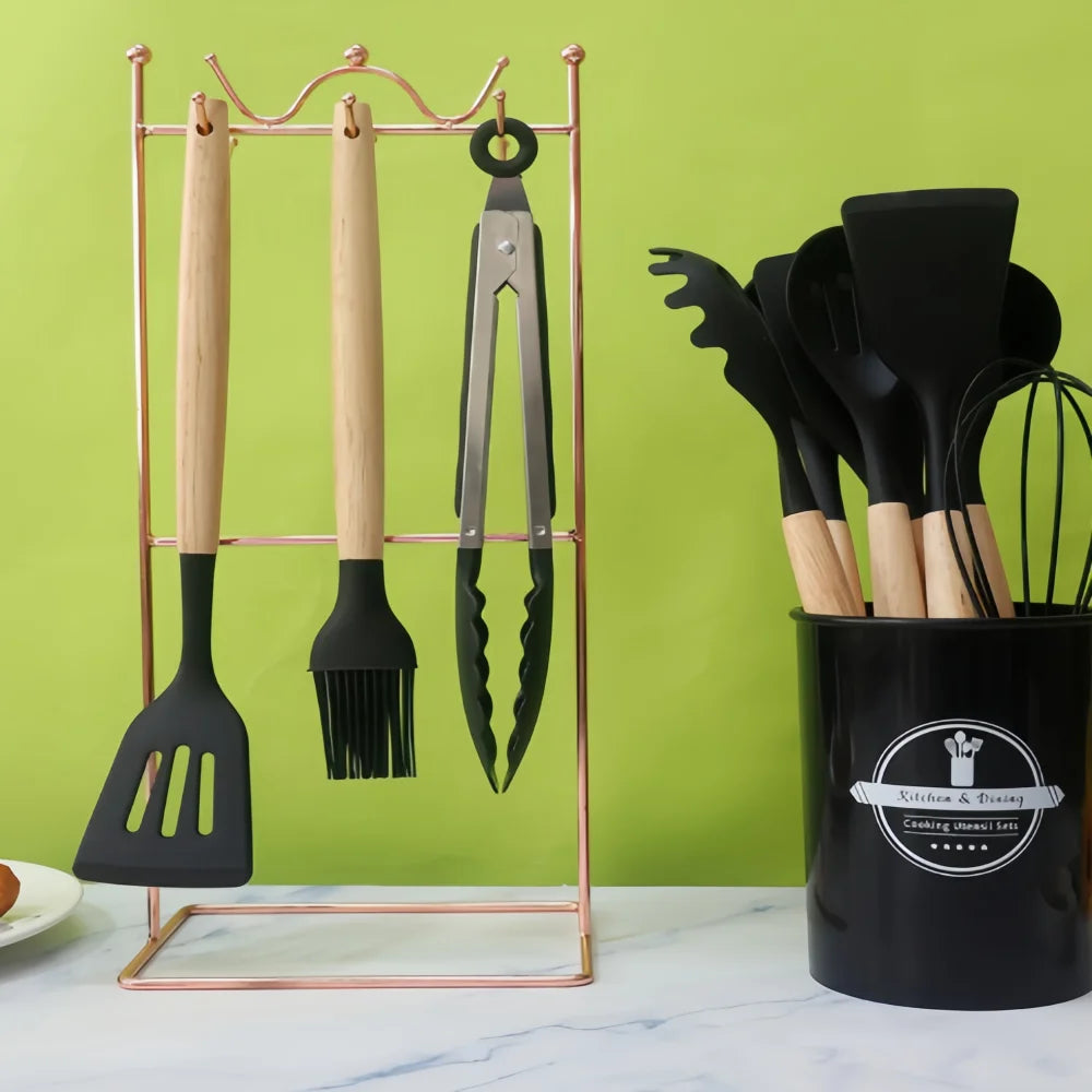 12-Piece Silicone Cooking Utensil Set with Wooden Handles & Holder