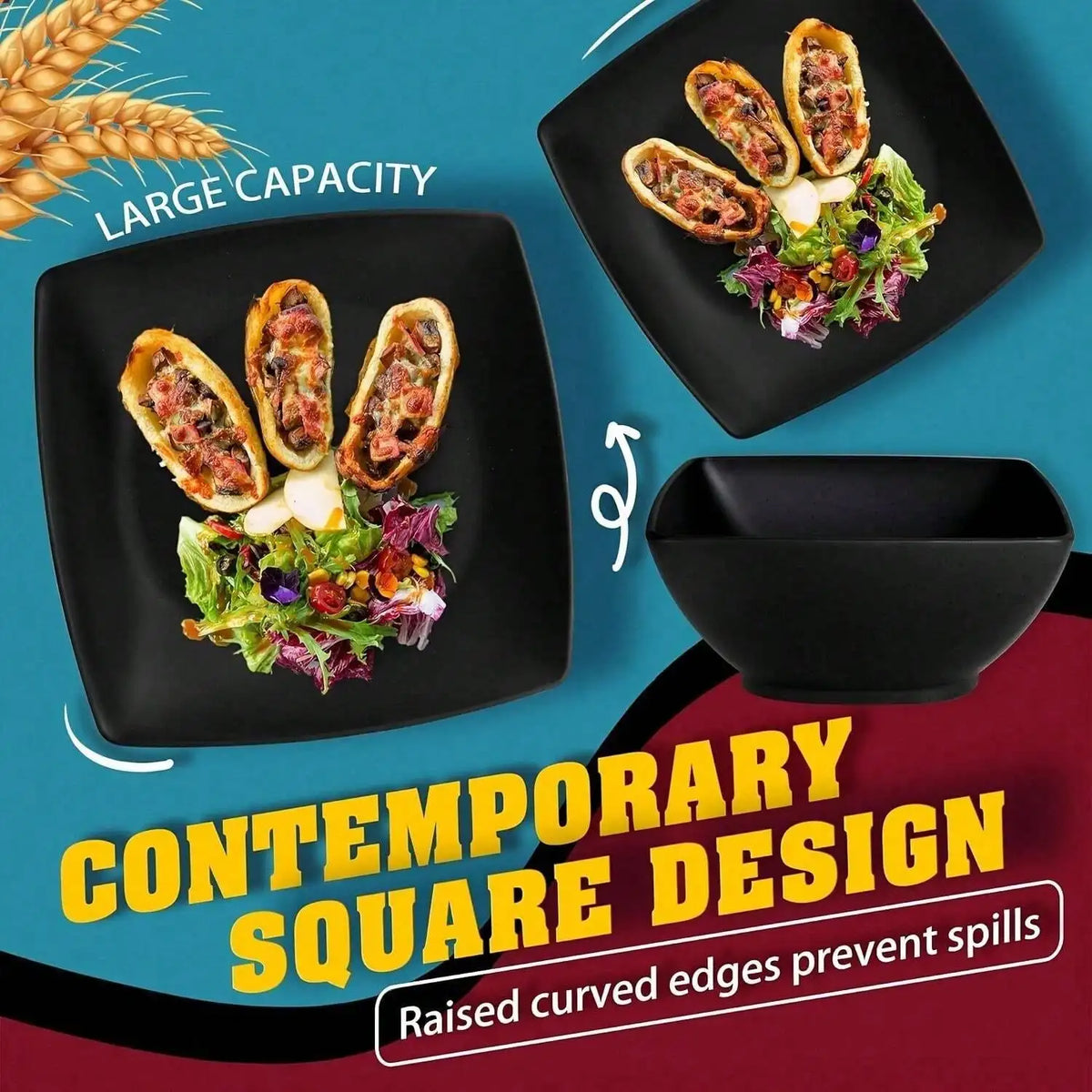 16-Piece Square Wheat Straw Dinnerware Set for 4, Matte Black