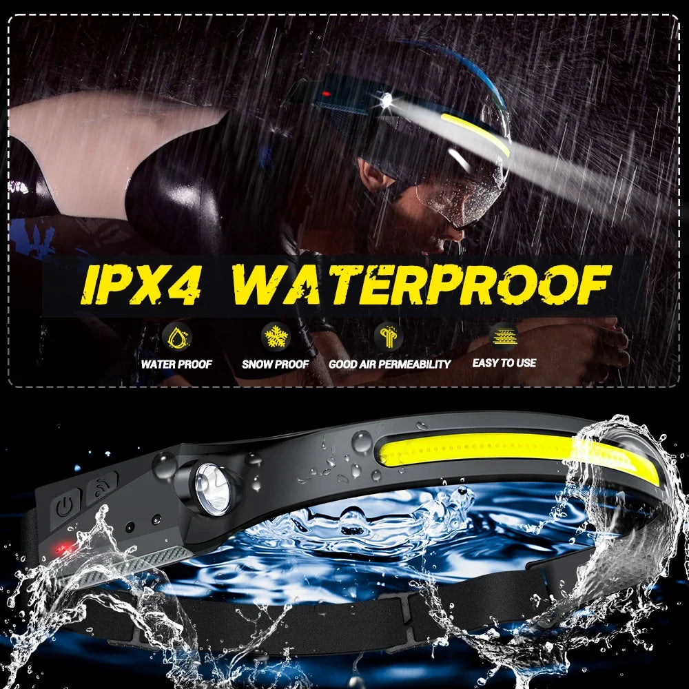 Motion-Sensor LED Headlamp – USB Rechargeable, 230° Wide Beam, 6 Modes